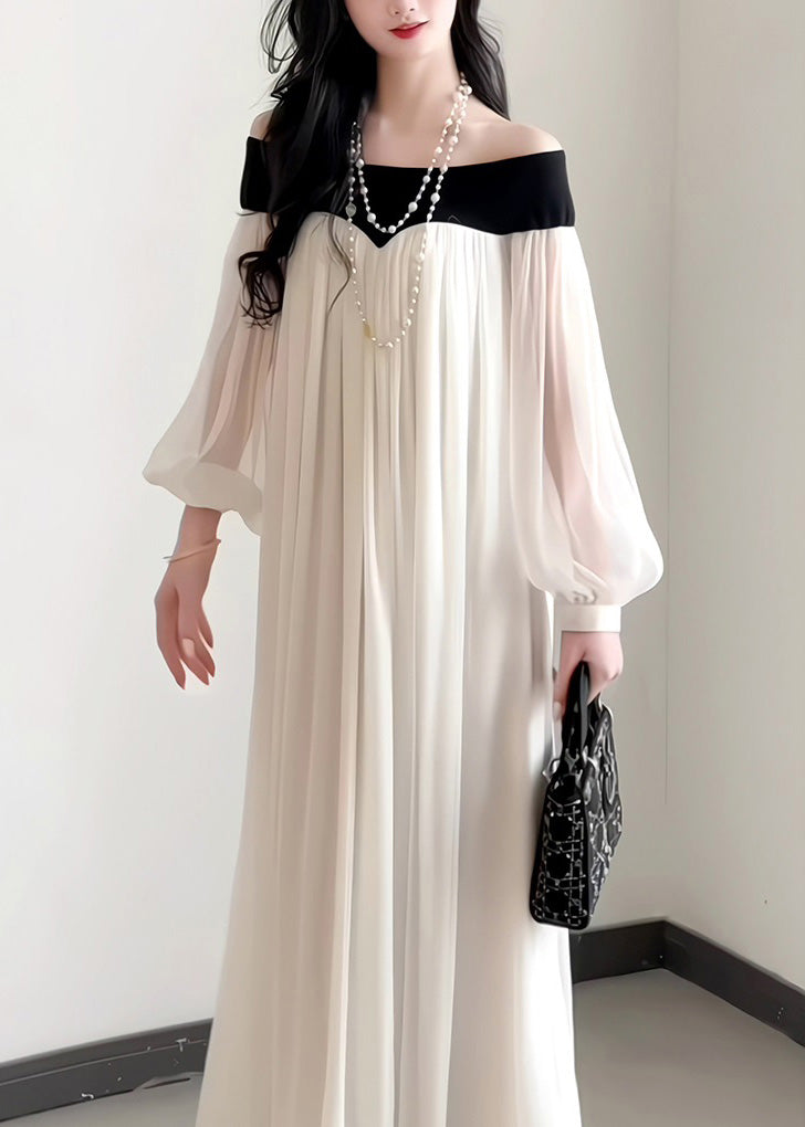 French Slash Neck Chiffon Dress Lantern Sleeves