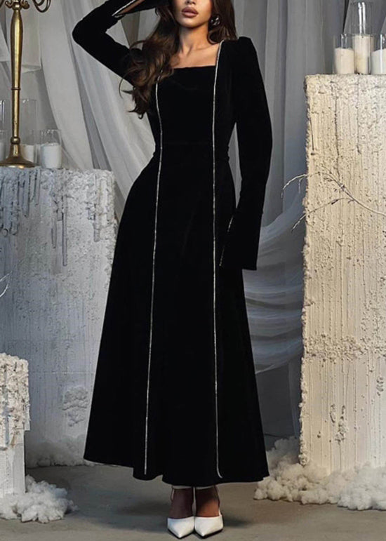 European and American Style Black Square Collar Velvet Dresses Flare Sleeve