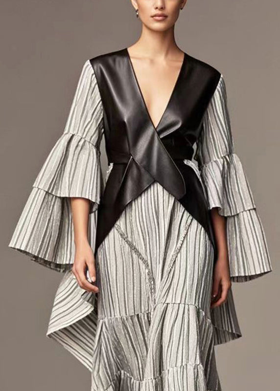Diy Black V Neck Patchwork Faux Leather Dresses Flare Sleeve