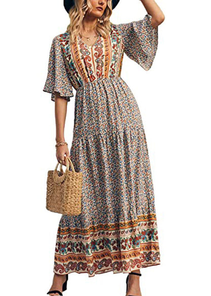Black V Neck Print Wrinkled Cotton Dresses Summer