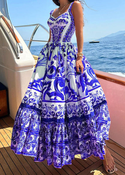 Rose Print Wrinkled Cotton Spaghetti Strap Dress Summer