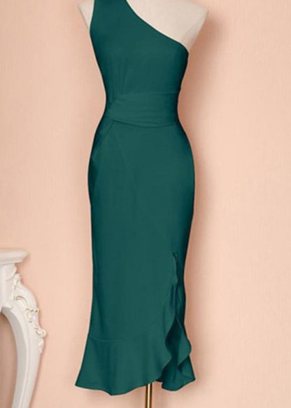 Boutique Green One Shoulder Ruffled Cotton Dresses Summer
