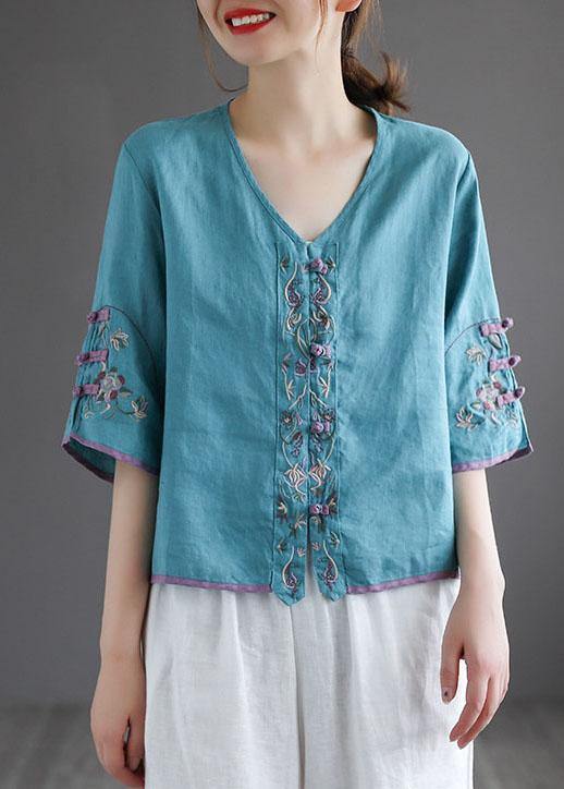 Diy White Button Embroidered Summer Linen Half Sleeve Shirt Top