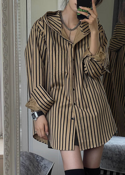 Natural Khaki Striped Button Hooded Shirts Spring