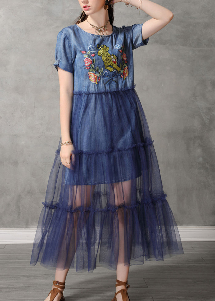 Classy Blue O-neck Embroidered Tulle Patchwork Long Denim Dresses Short Sleeve
