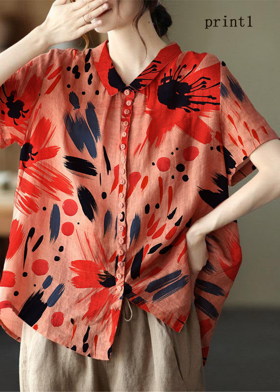 Print2 Peter Pan Collar Pockets Patchwork Ramie Cardigan