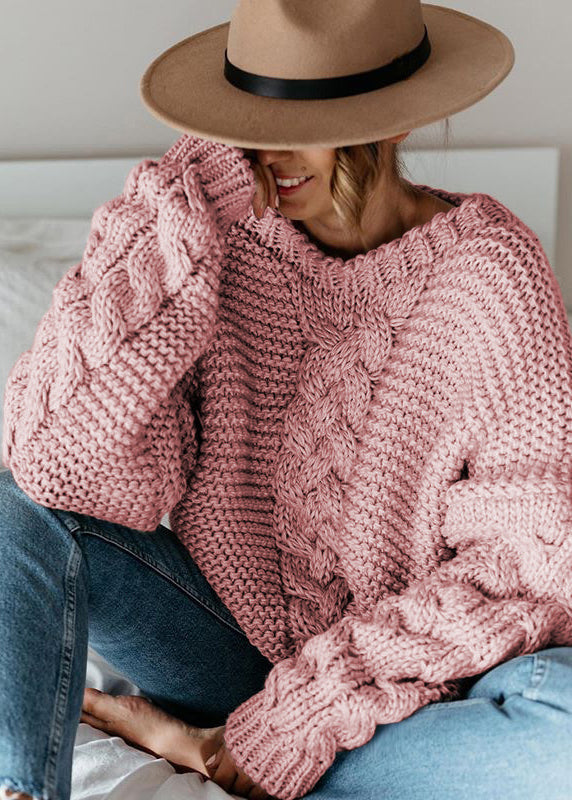 Beige V Neck Thick Cable Knit Sweaters Fall