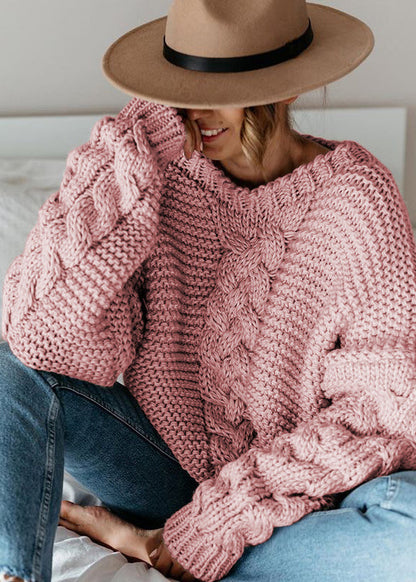 Beige V Neck Thick Cable Knit Sweaters Fall