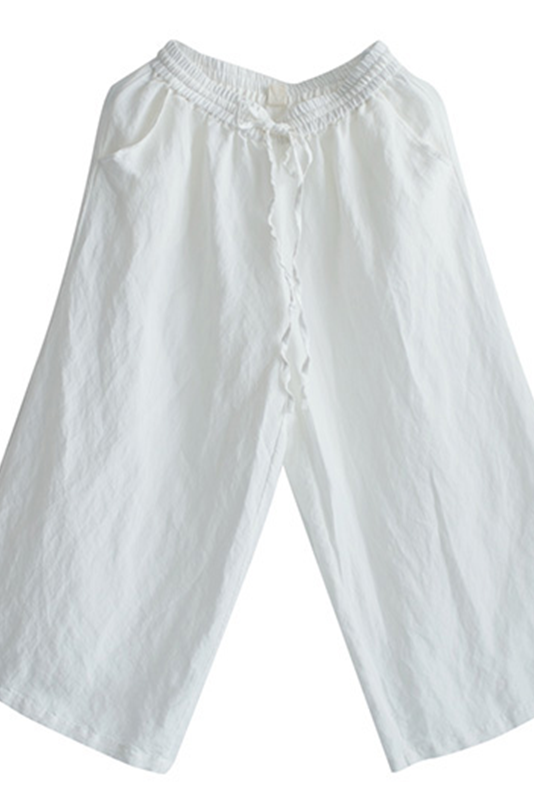 White Linen Elastic Waist Wide Leg Pants