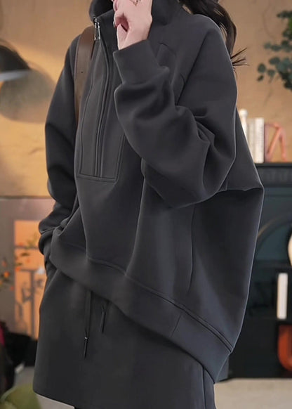 Loose Dark Gray Zippered Sweatshirt and Skirts Cotton Two Pieces Set Fall