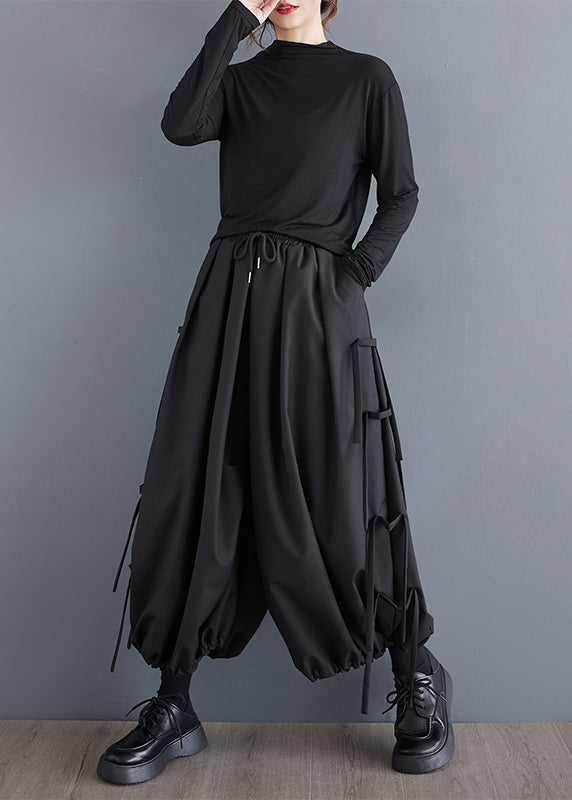 Black Tasseled Oversized Cotton Harem Pants Spring