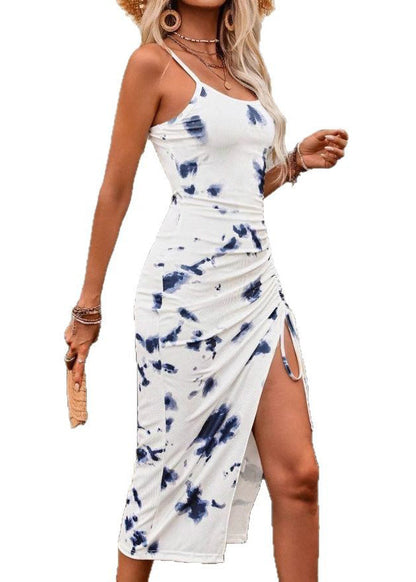 French White Cinched Print Cotton Spaghetti Strap Dress Summer