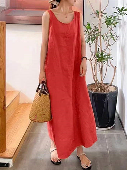 Cotton Linen Simple Wind Loose Pockets Round Neck Temperament Sleeveless Color Dress Female