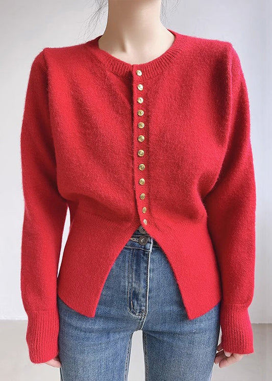 Red O Neck Button Knit Coats Spring
