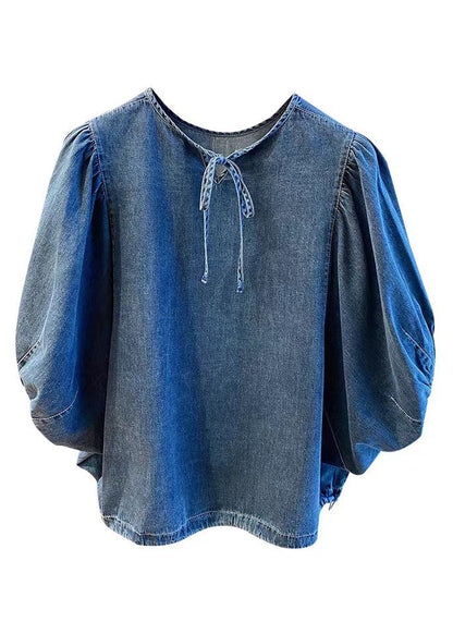 Denim Blue Patchwork Tie Lace Tops Summer