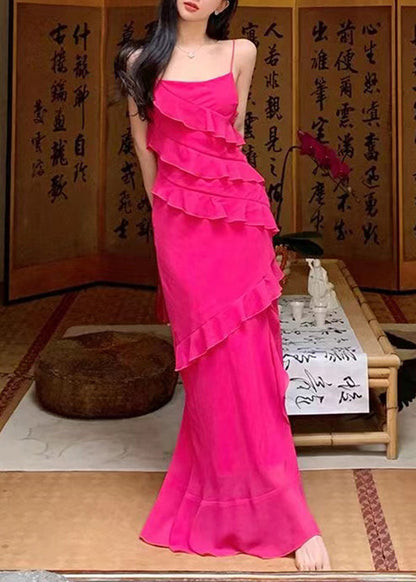 Dopamine Rose Red Ruffled Suspender Dress for Summer Wear