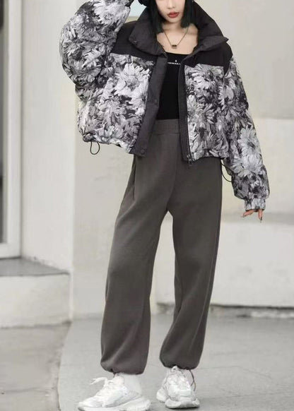 Black Oversized Print Duck Down Puffer Jacket Winter