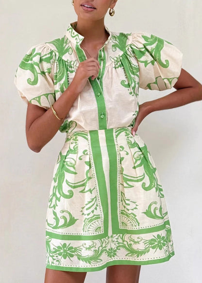 Red Stand Collar Print Shirts and Skirts Two Pieces Set Summer