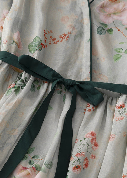 Green Button Print Lace Up Cotton Dresses Summer