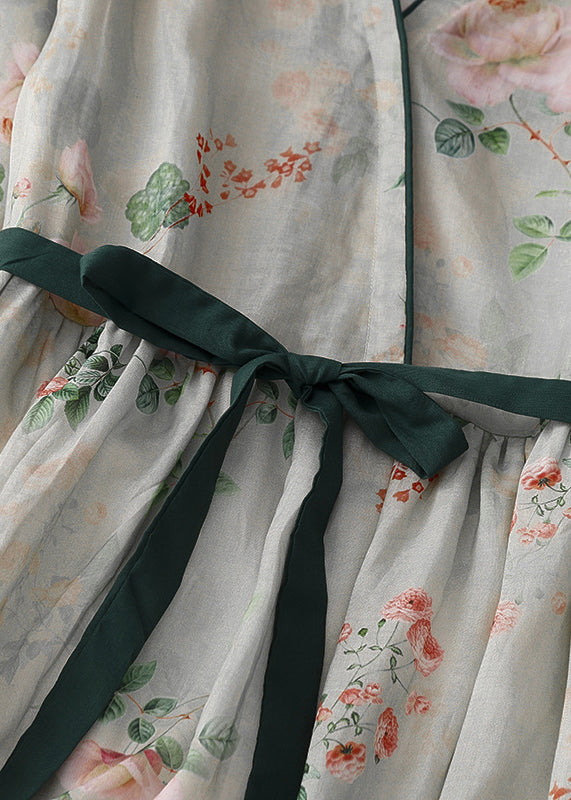 Green Button Print Lace Up Cotton Dresses Summer