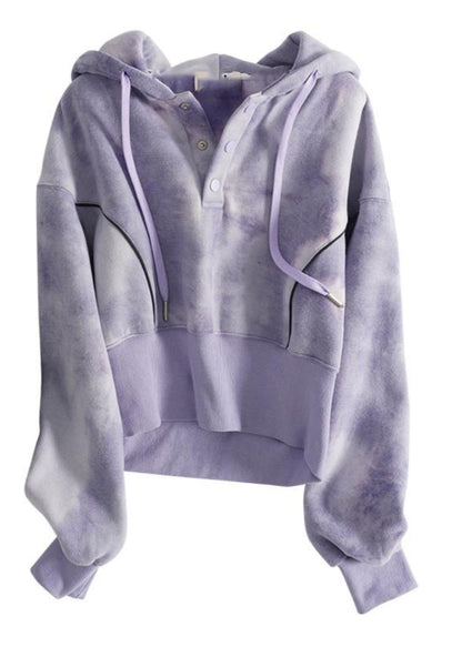 Grey Tie Dye Drawstring Hooded Sweatshirts Top Fall