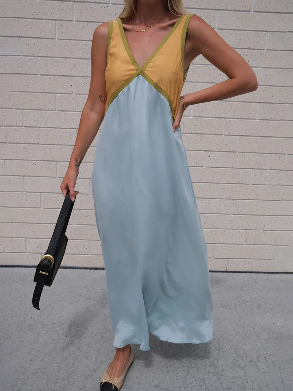 V-neck Contrasting Color Splicing Dress