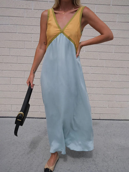 V-neck Contrasting Color Splicing Dress