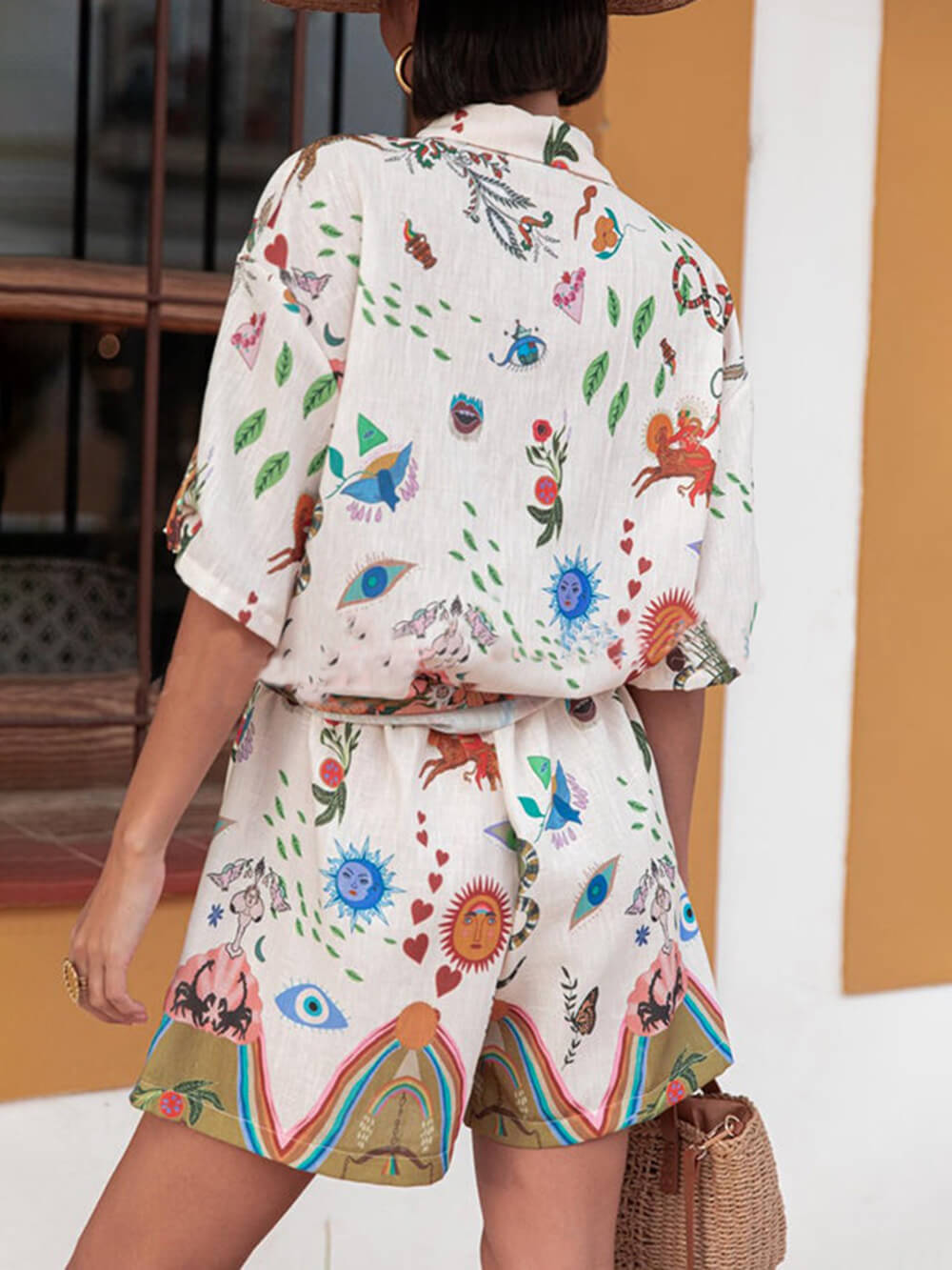 Button Loose Unique Print Shirt Aad Elastic Waist Pocket Shorts Set