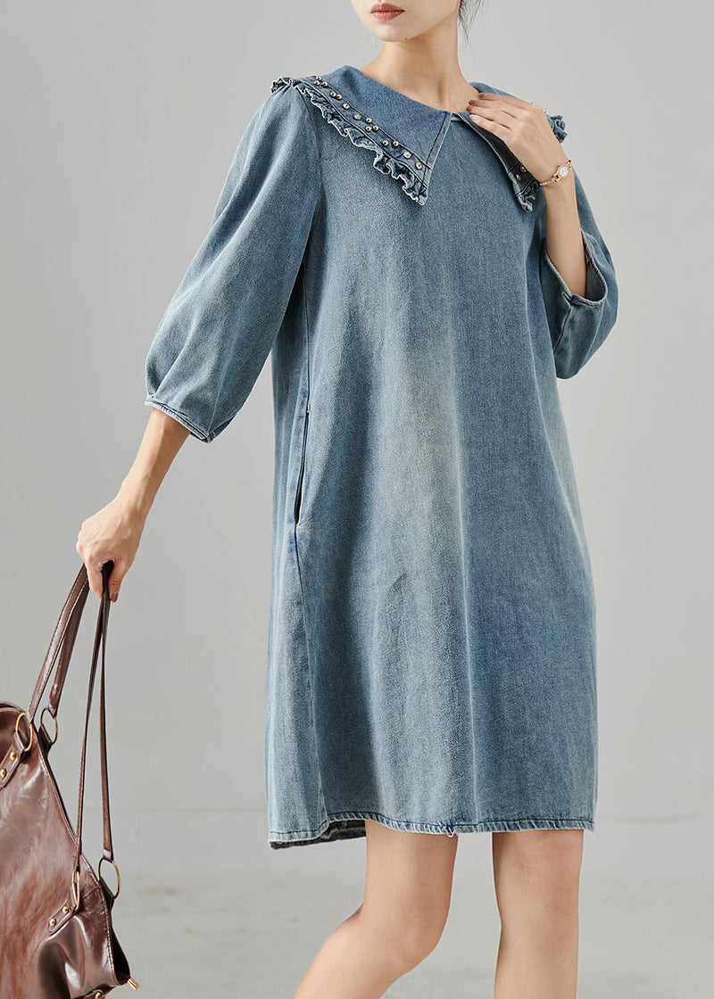 Blue Peter Pan Collar Rivet Denim Day Dress Bracelet Sleeve