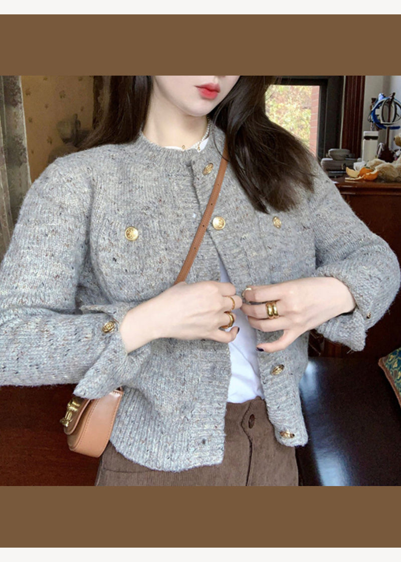 Grey O Neck Button Knit Short Sweater Cardigan Fall