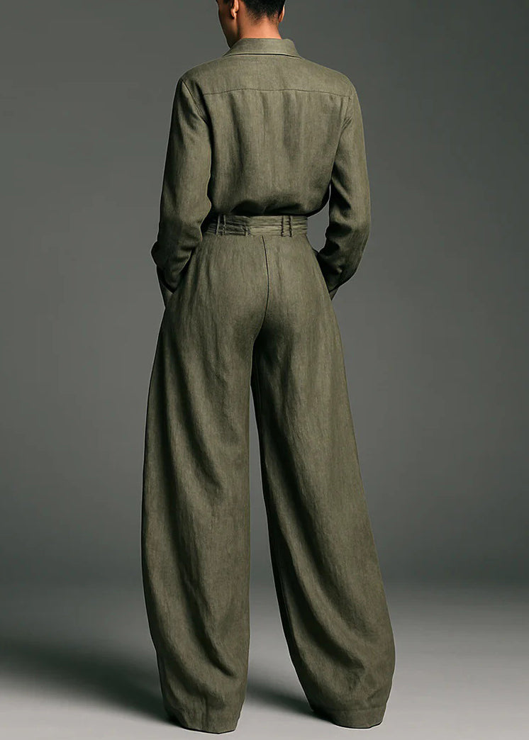 Army Green Button Pockets Shirts and Pants Two Piece Set Spring