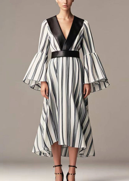 Black Striped Patchwork Cotton Cinched Dresses Flare Sleeve