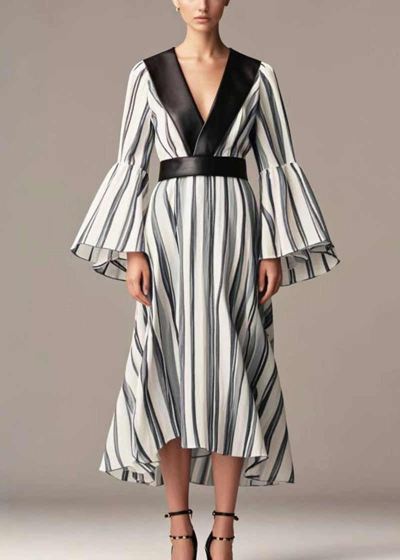 Black Striped Patchwork Cotton Cinched Dresses Flare Sleeve