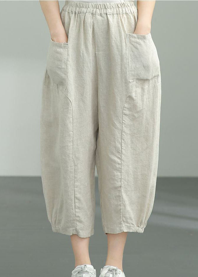 Beige Pockets Patchwork Linen Lantern Pants Summer