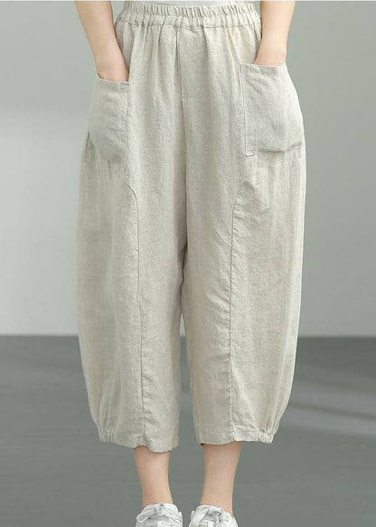 Beige Pockets Patchwork Linen Lantern Pants Summer