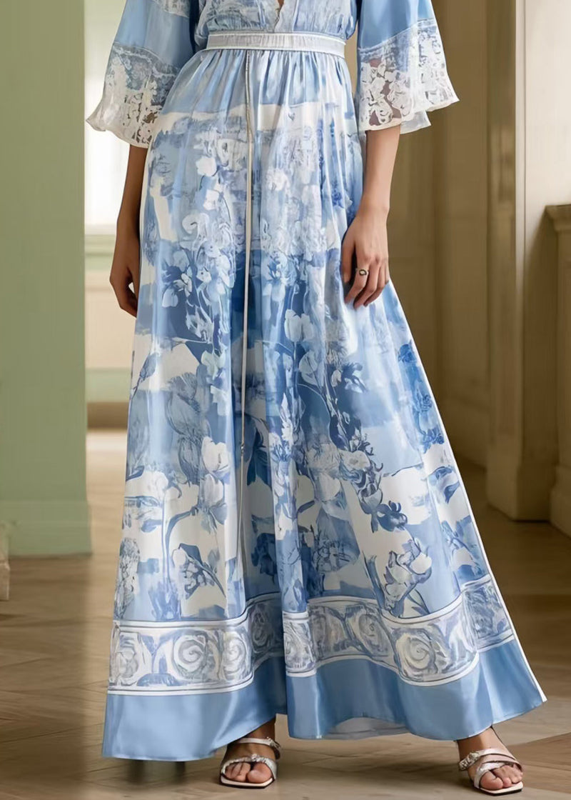 Fitted Sea Blue Cinched Print Silk Long Dresses Summer