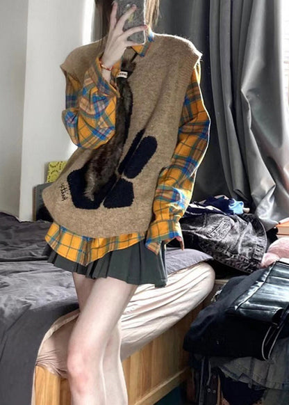 Modern Yellow Plaid Knit Vest and Shirts Two Pieces Set Spring