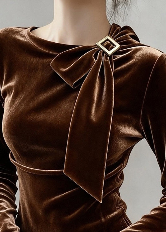 Fine Coffee Bow Silk Velour T Shirt Tops Winter