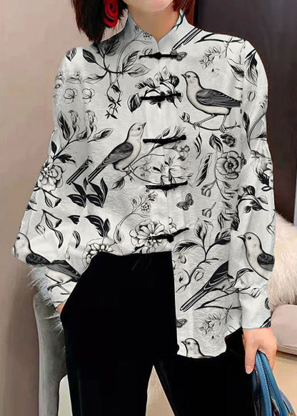 Chinese Style White Stand Collar Button Jacquard Silk Blouse Tops Lantern Sleeve