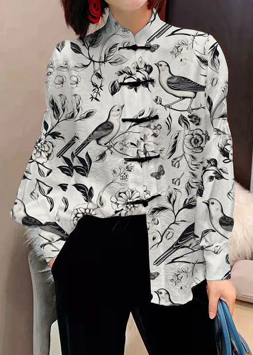 Chinese Style White Stand Collar Button Jacquard Silk Blouse Tops Lantern Sleeve