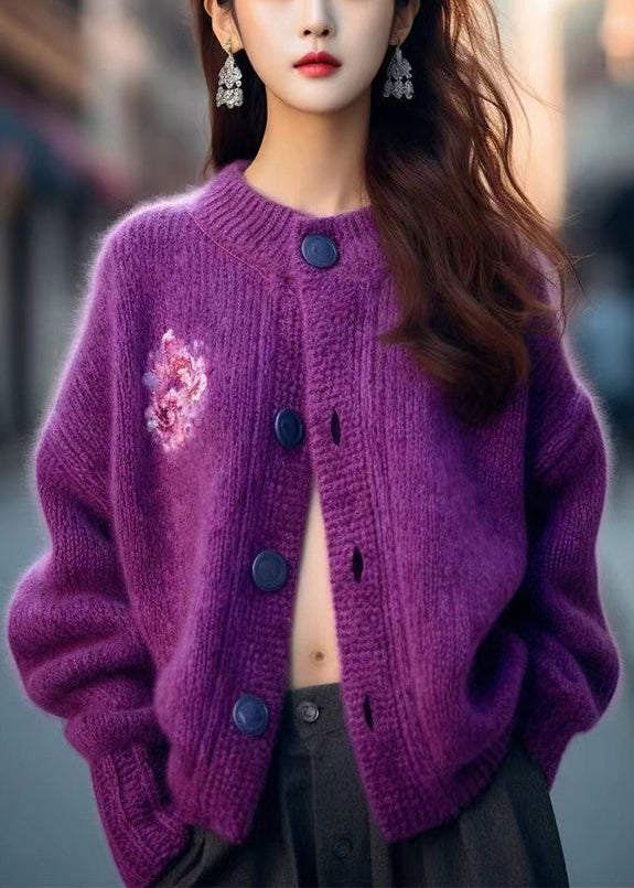 Purple O Neck Button Cozy Knit Cardigan Winter