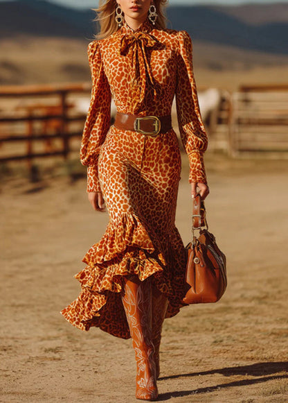 Orange Leopard Ruffled Patchwork Cotton Dresses Fall