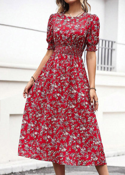 Red O-neck Puff Sleeve Print Cotton Dress Summer