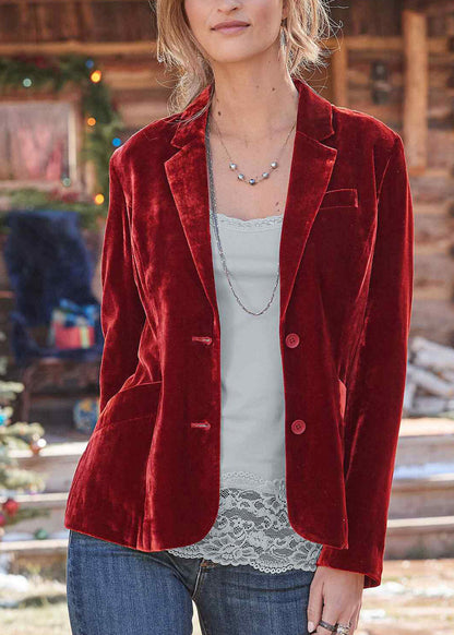 New Loose Red Notched Pockets Button Velvet Suit Coat Fall