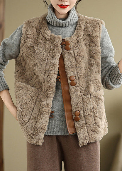 Khaki Button Pockets Teddy Faux Fur Waistcoat Sleeveless