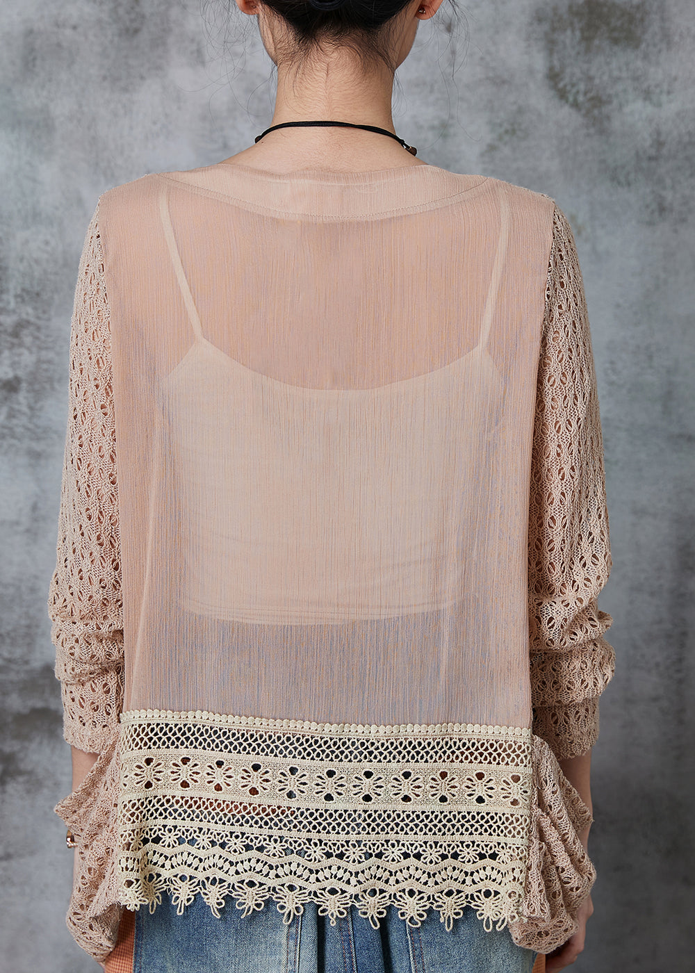 Khaki Hollow Out Patchwork Knit Cardigan Summer