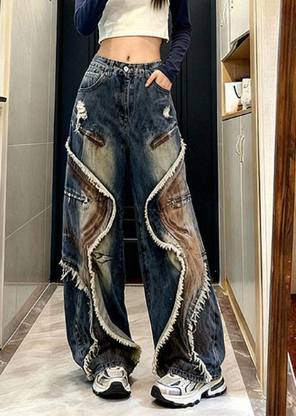 Blue Tasseled Pockets Patchwork Denim Wide Leg Pants Spring