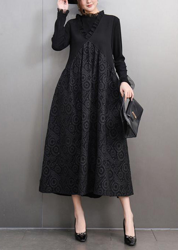 Stylish Black V Neck Print T Shirts and Long Dress Two Pieces Set Spring