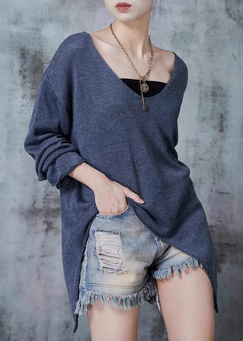 Grey V Neck Asymmetrical Design Knit Sweaters Fall