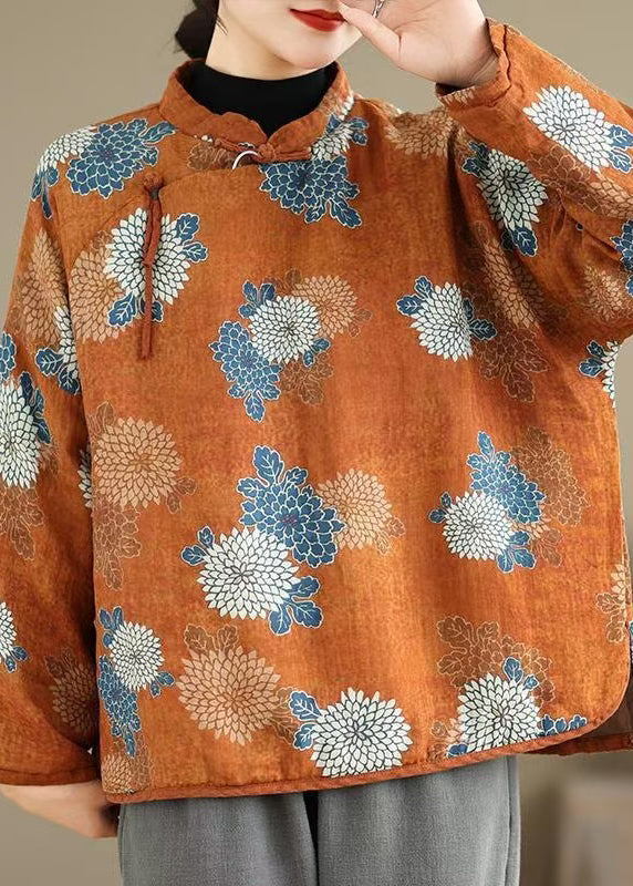 Orange Stand Collar Print Fine Cotton Filled Top Spring
